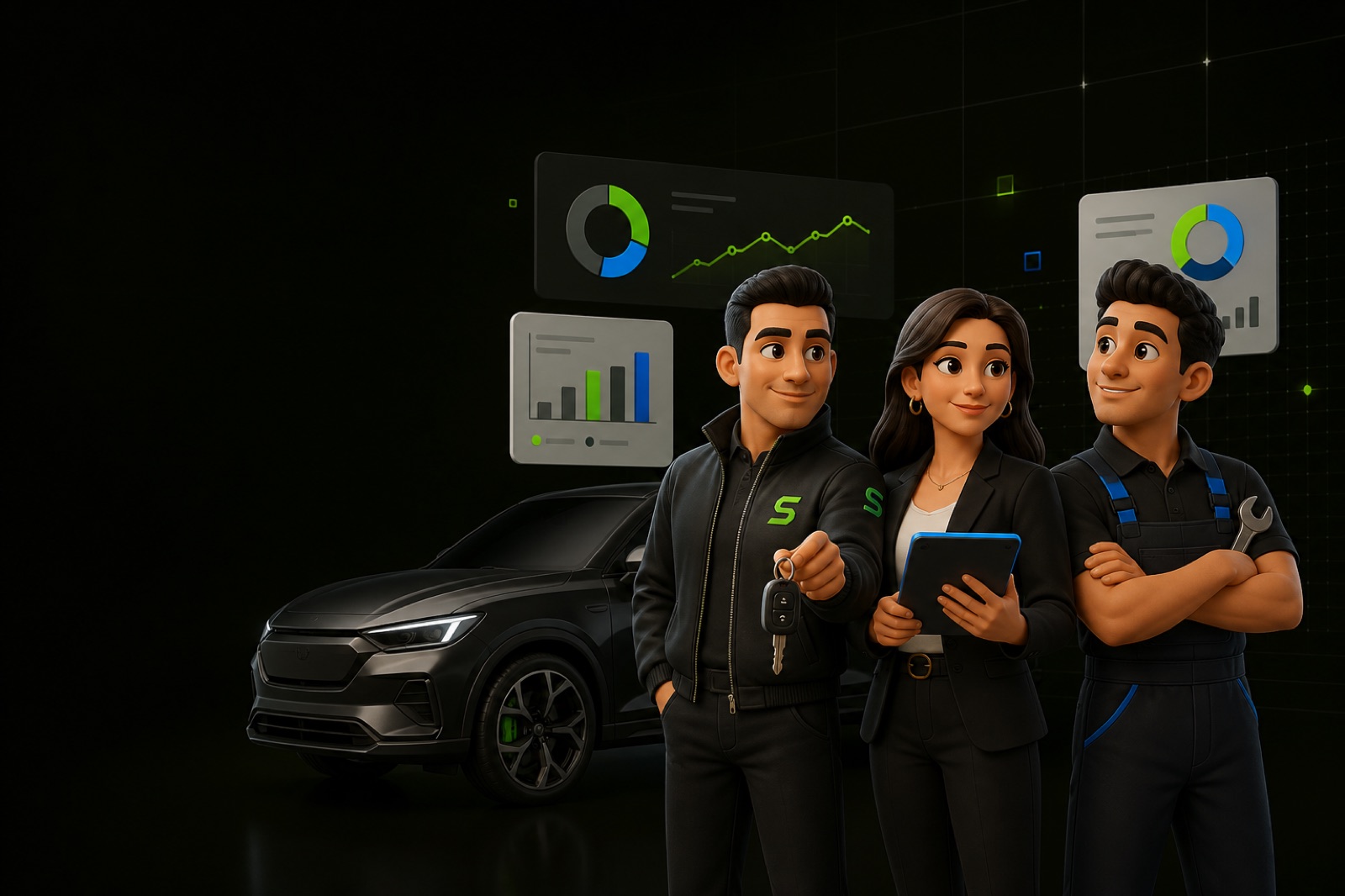 Personajes Segundazo trabajando con aliados B2B de inventario, financiación y talleres