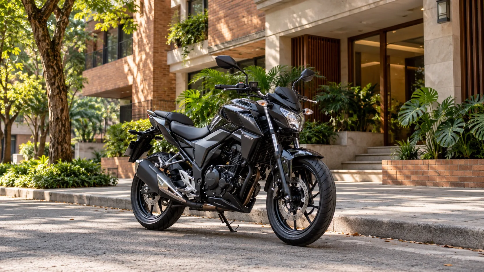 Motocicleta negra frente a un edificio residencial rodeado de árboles