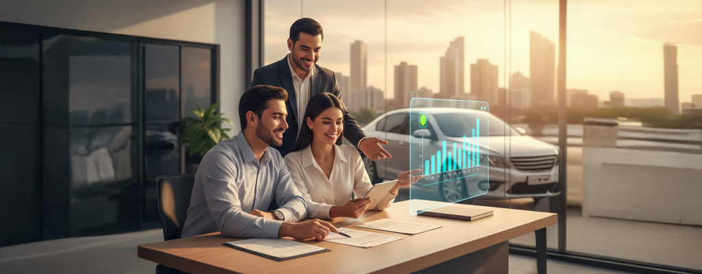 Persona comprando carro en Colombia mediante financiación con cuotas mensuales y análisis de crédito