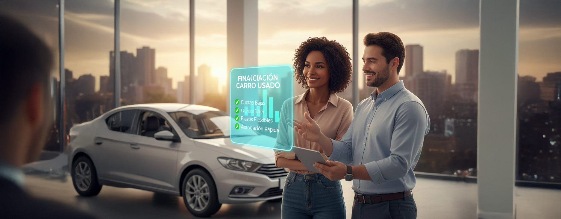 Persona revisando un carro usado en Colombia antes de comprar carro con análisis de datos y estado del vehículo