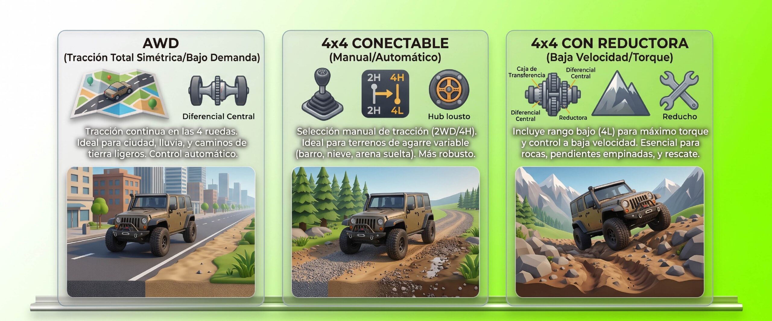 Diferencia entre AWD, 4x4 conectable y 4x4 con reductora en carros usados.