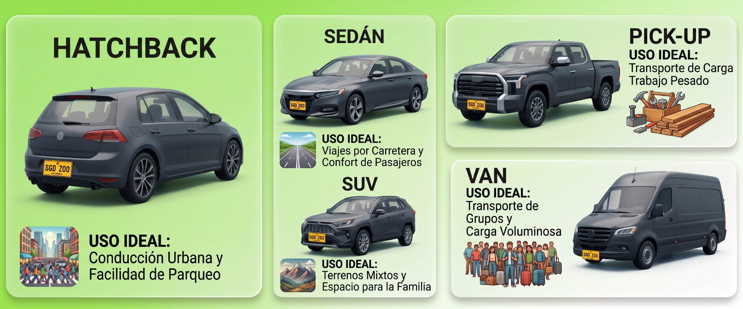 Categorías y tipos de carros con su uso ideal para elegir modelo.