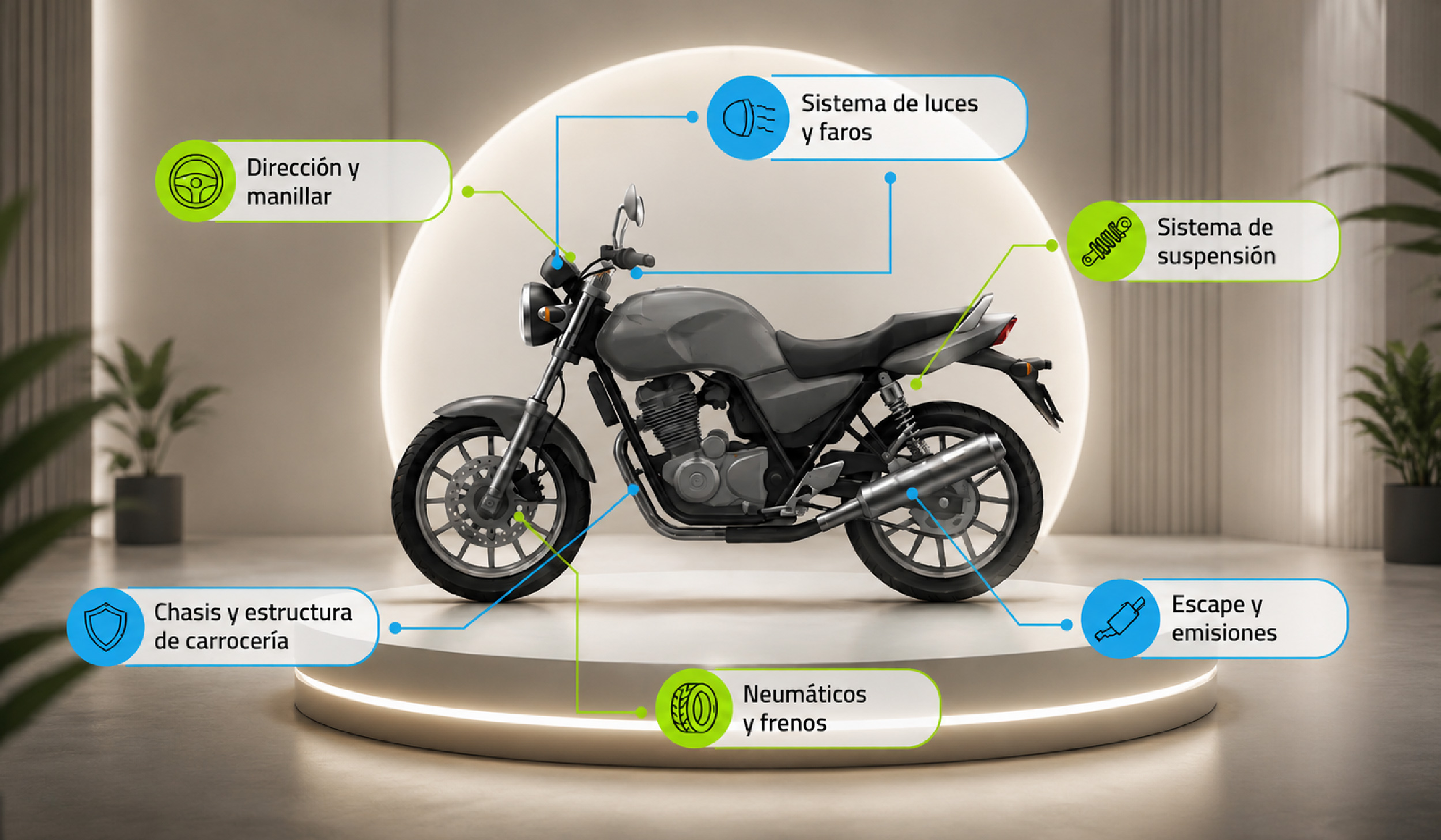 Qué revisan en la tecnomecánica de una moto: frenos, llantas, luces, dirección y emisiones.